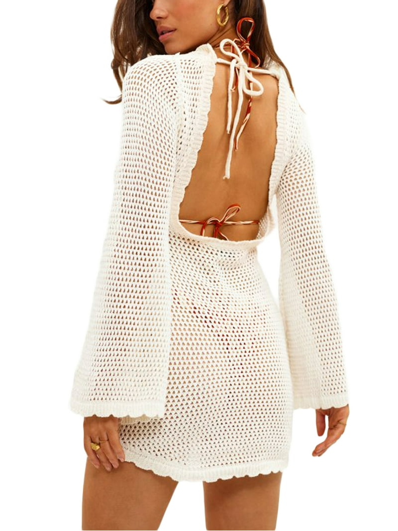 Women Crochet Knitted Mini Dress Hollow Out Tie-up Backless Knit Dress Summer Beach Swimwear Cover Ups Dresses