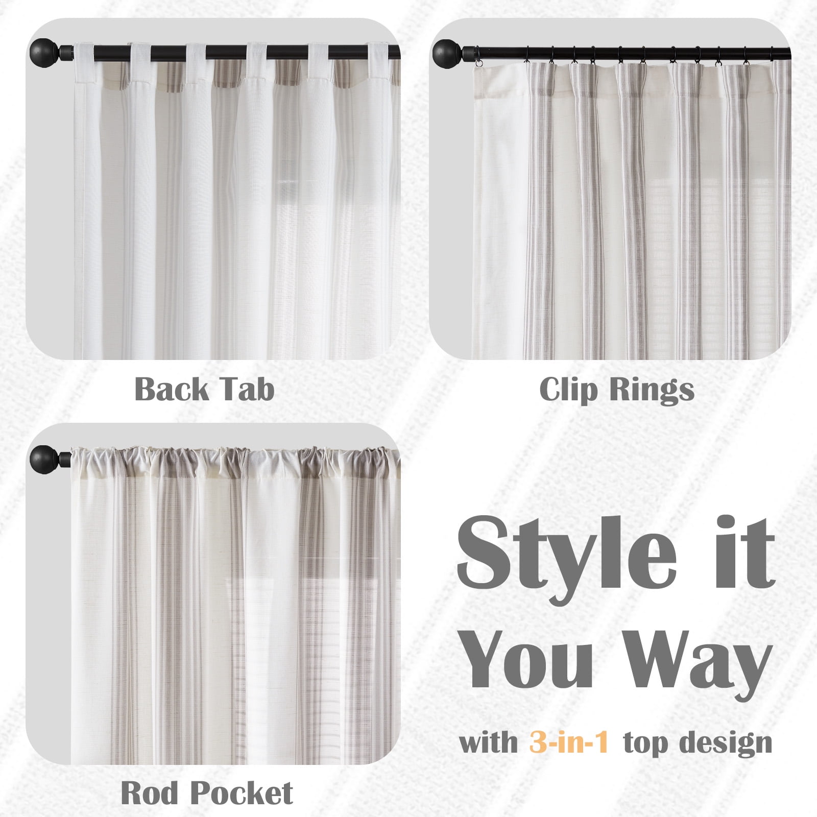 Curtainking Striped Linen Curtains 63 Inch Gray Farmhouse Rustic Curtains for Living Room Semi Sheer Back Tab Light Filtering Coastal Drapes for Bedroom Window Curtain 2 Panels
