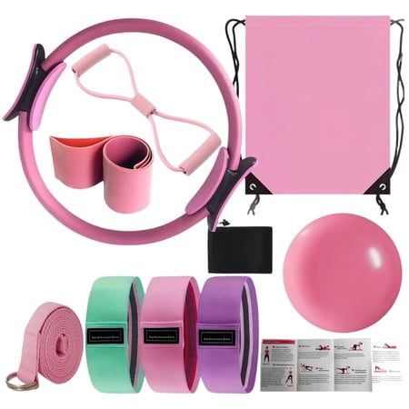 Pilates Exercise Kit with Resistance Bands, Pilates Ring and Ball, Home Workout Equipment Set for Yoga, Stretching and Strength Training, Pink