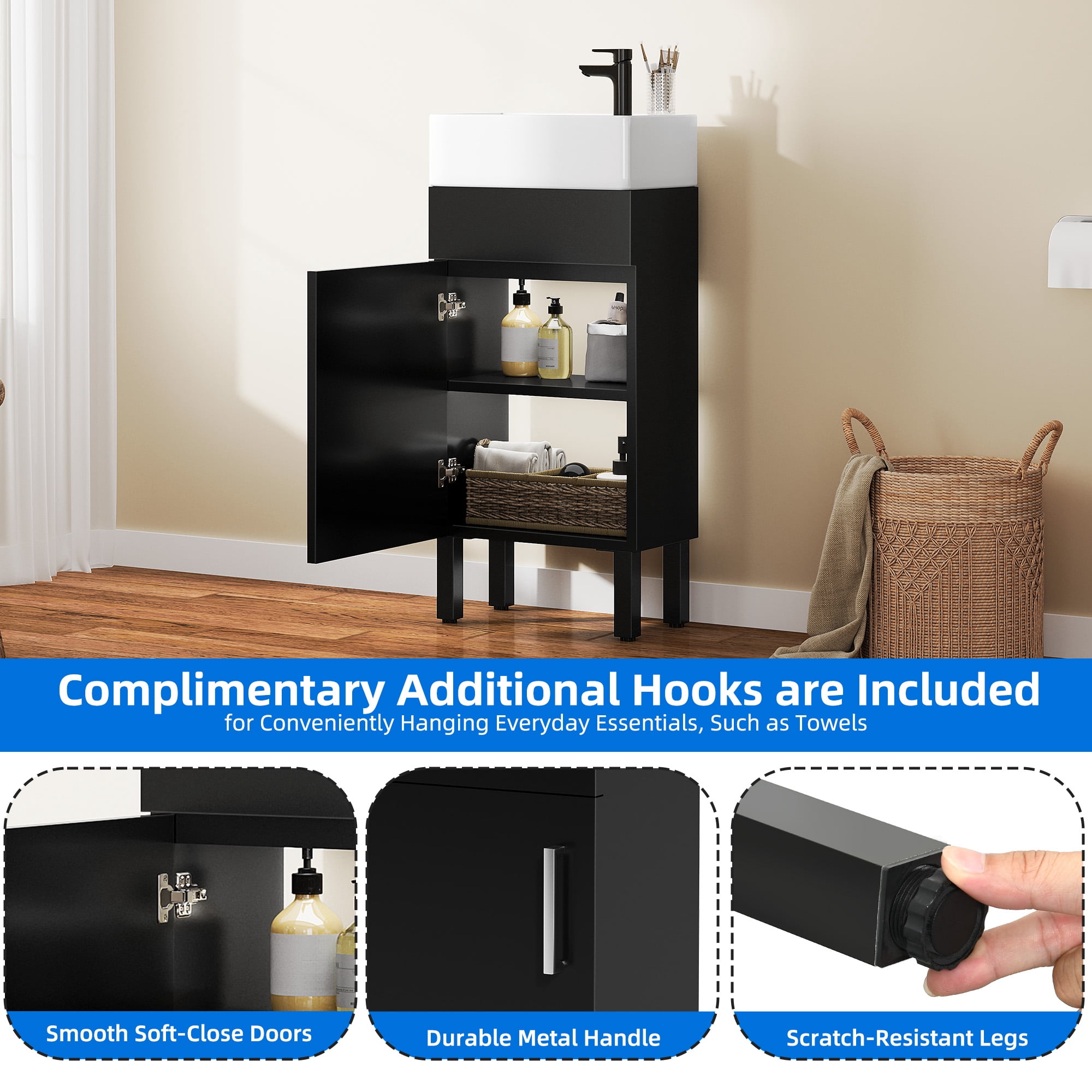 Dextrus 16 Inch Small Bathroom Vanity with Undermount Sink , Free Standing Bathroom Storage Cabinet with Drain & Door for Small Space , Black