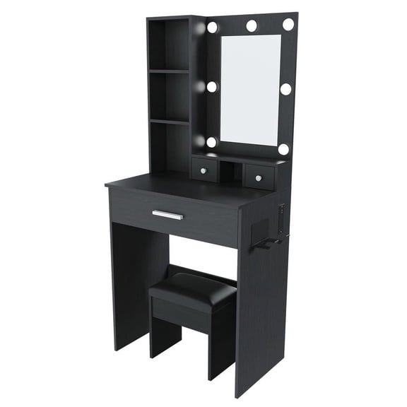 Resenkos Vanity Table with Adjustable LED Mirror & Power Outlet, Compact Dressing Desk with Stool, Black