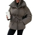 thumbnail image 2 of Women'S Stand Collar Cotton Padded Coat with Belt for Warmth Waist Tie Pockets Winter Jacket Brown M, 2 of 8
