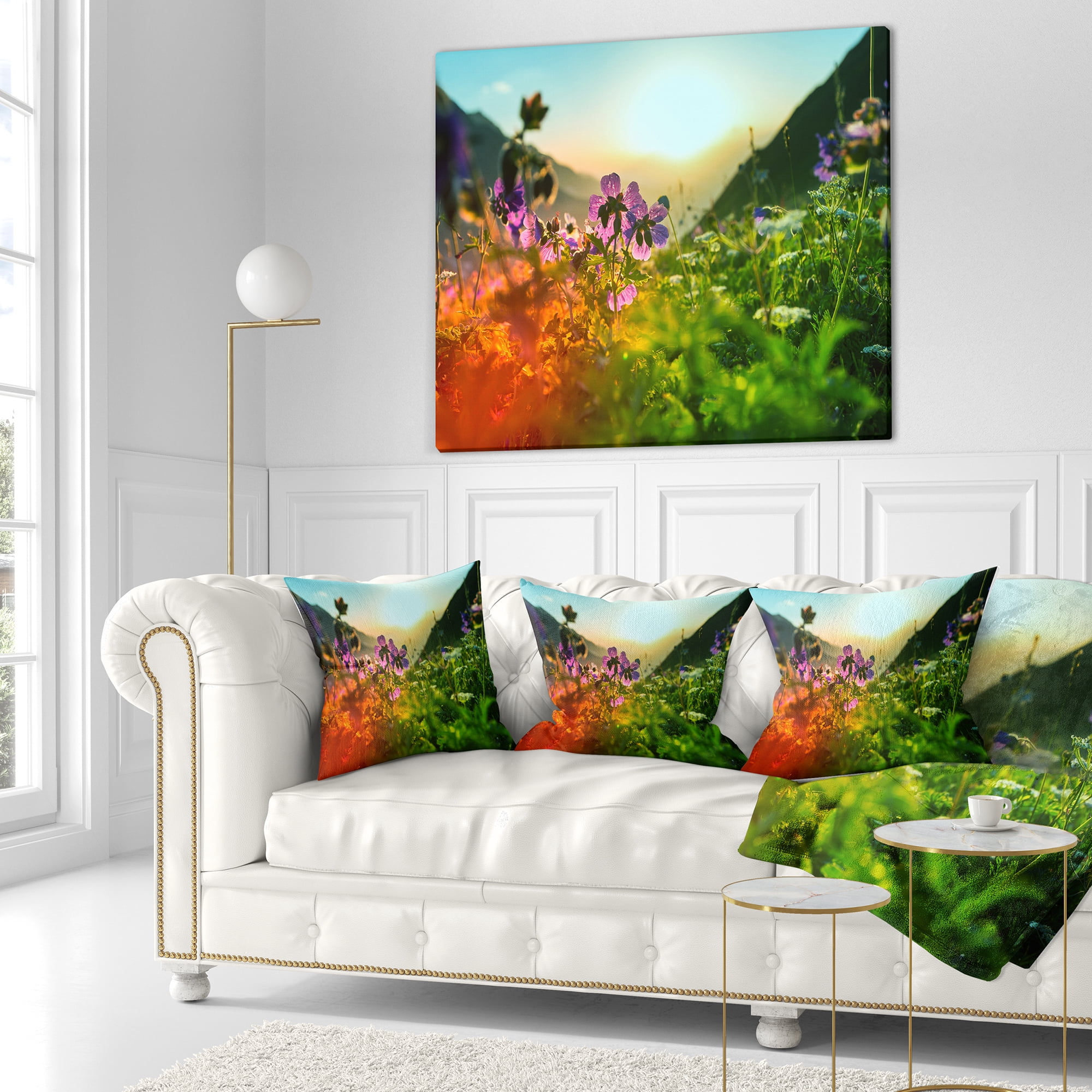 Designart Multicolor Mountains Meadow View - Floral Throw Pillow - 18x18