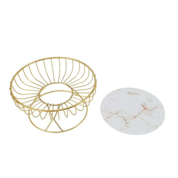 Round Metal Fruit Basket with Gold Stripes, Large Ventilated Serving Bowl for Kitchen & Dining