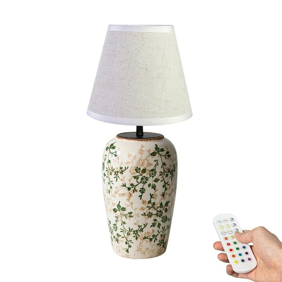Kiven Cordless Table Lamp, Dimmable LED Vase Lamps with Fabric Lampshade, Classic Cottage Ambient Light, 1-Light Rechargeable Nightstand Lamp for Office Bookcase Bedside TD1001
