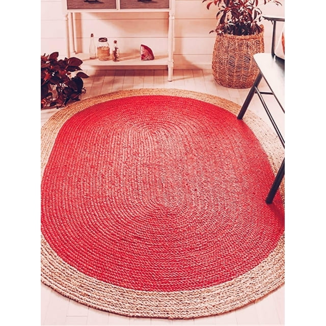 Indian Handmade Braided Inner Red Natural Jute Area Rug, Home Décor Rug, Jute Rug for Bedroom, Dining Room, living room, Doormat Rug Size - 9' x 12' Oval (270 cm x 360 cm)