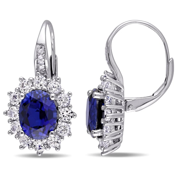 Everly Women's Created Blue & White Sapphire & Diamond Accent Silver Halo Leverback Earrings