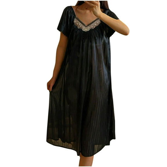 Womens Lightweight Nightgown Ice Silk Nightgown - Short Sleeve Lace V-Neck Long Sleepwear Gowns Embroidered Nightgown Plus Size Long Night Shirt Gowns Black Free Size