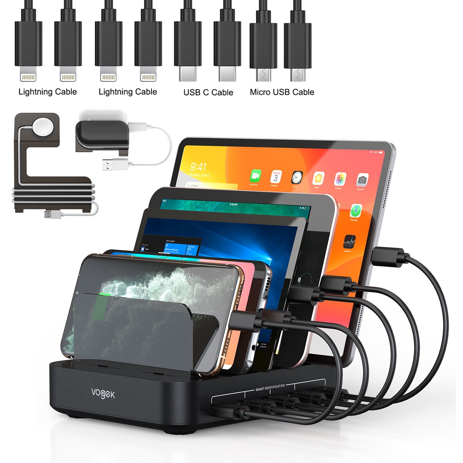 Charging Station, 50W 5-Port USB Charging Station for Multiple Device with 8 Short Mixed Cables Watch & Airpod Stand Included for Cell Phones, Phones, Tablets, iWatch airpods, Black - Walmart.com
