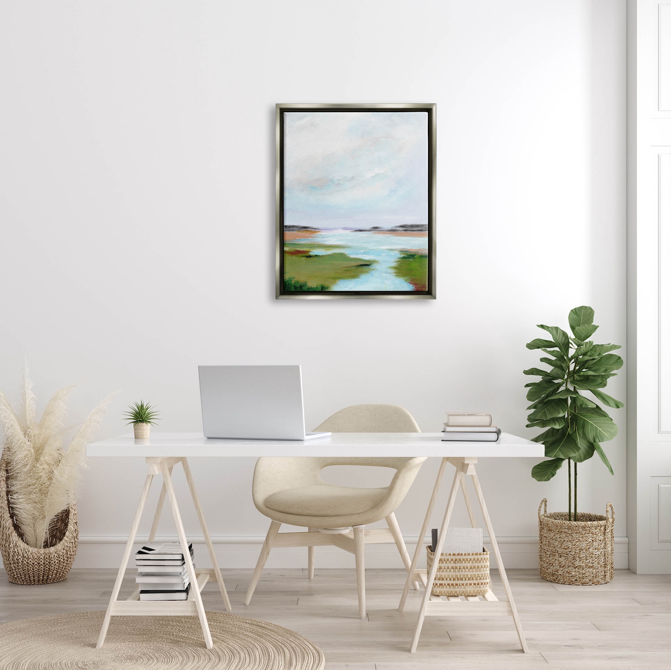 Stupell Industries Tranquil River Soft Dreamy Clouds Painting Luster Gray Floating Framed Canvas Print Wall Art, Design by Nikita Jariwala