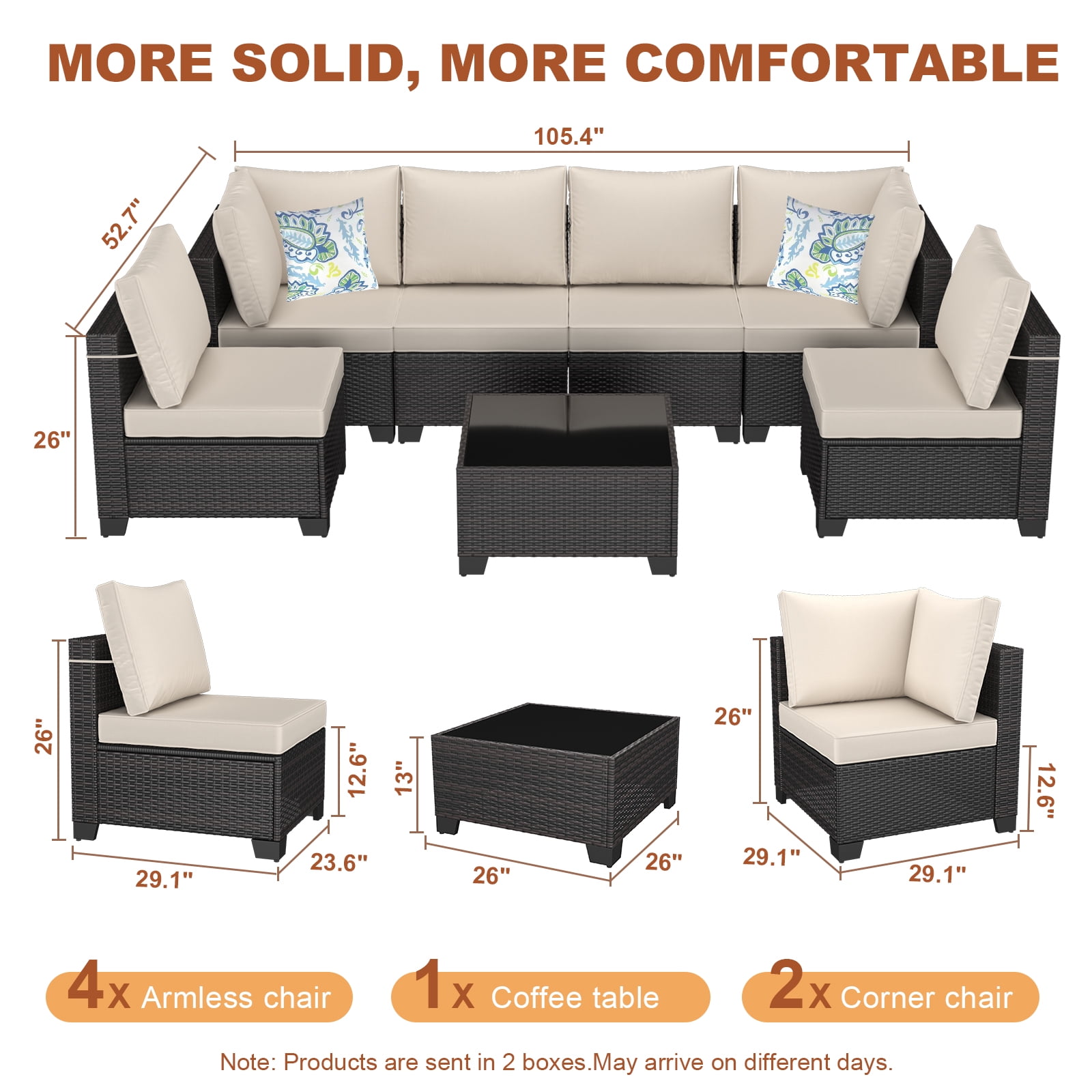 ZXRLHX 7-Piece Wicker Rattan Patio Conversation Set with Steel Frame and Coffee Table, Brown/Beige