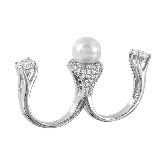Rhodium Plated Sterling Silver 925 Simulated Pearl Two Finger Ring White CZ Female Size 5