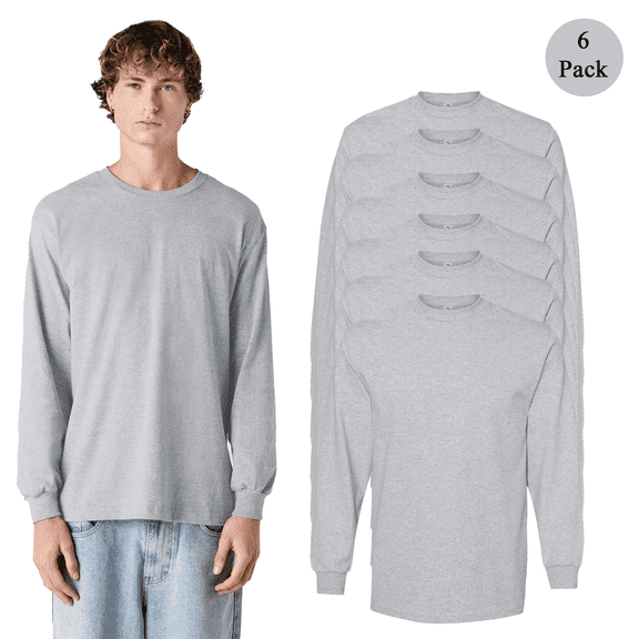American Apparel Adult Men's Long Sleeve T-Shirt, Heavyweight Cotton Crew Neck Casual Comfort Tee, Heather Grey, 6 Pack, S