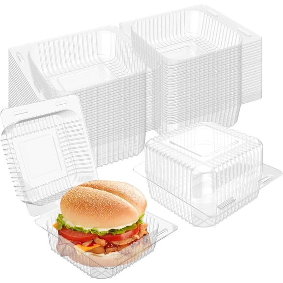 50 Pcs Clear Plastic Hinged Take Out Containers Disposable Clamshell Food Cake with Lids 5.3 x 4.7 2.8 inch for Dessert, Cakes, Cookies, Salads, Pasta, Sandwiches