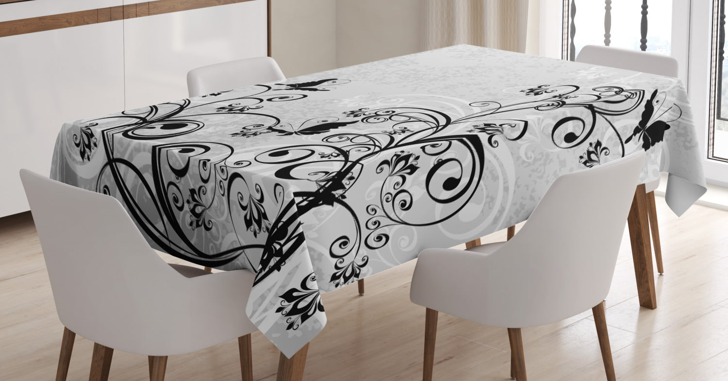 Black and Grey Tablecloth, Grunge Illustration of Butterflies and ...