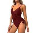 thumbnail image 2 of Cavosen Womens Bathing Suits Tankini Wireless Padded V Neck One Piece Bathing Suit Backless V Neck Swimsuit Ruched Drawstring Sporty Swimwear Summer Resort Beachwear Red L, 2 of 5