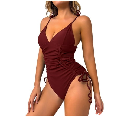 Virmaxy Women s Solid Color One-piece Swimsuit Without Steel Sexy Backless Strappy Tankini Camisole Waist Cinching Swimwear With Bra Padded for Pool Party Vacation Wine-2 M
