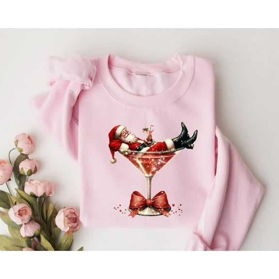 Santa Cocktail Sweater Shirt | Funny Holiday Santa Relaxing in Glass Graphic Sweatshirt