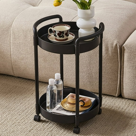 Bxaolu Side Table, Round End Table with 2 Storage Shelves for Living Room, Bedroom, Nightstand with 4 Wheels for Small Spaces, Round Sofa Table, Outdoor Accent Coffee Table, Black
