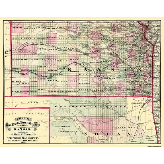 Historic State Map - Kansas - Cram 1875 - Vintage Wall Art