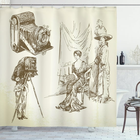 Vintage Woman Shower Curtain, Two Women Posing in Front of a Nostalgic Camera for Taking Photographs, Fabric Bathroom Set with Hooks, 69W X 75L Inches Long, Beige and Sepia, by Ambesonne