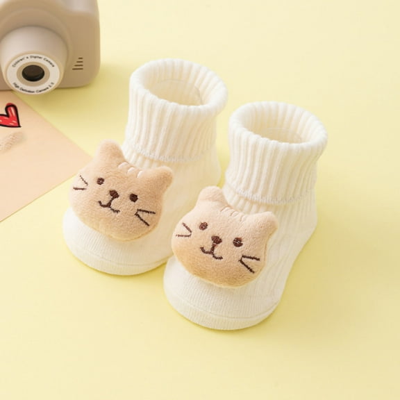 Avrnliq Cotton Kids Socks for Girls - Soft Stay-On Socks with Plush Cat Face, White, 0-1/1-3 Years, 1 Pair for Daily Wear/Naptime/Kids Showers,Size S