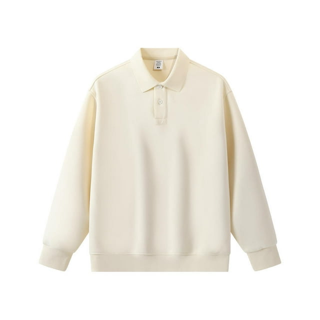 Autumn/Winter Heavyweight Piqué Cotton Polo Neck Sweatshirt, Loose Fit, Solid Color, Couple Style, Turn-Down Collar, Long Sleeve