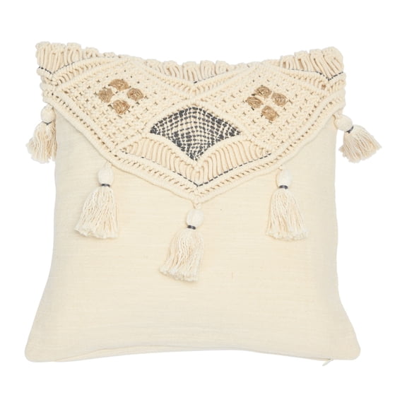 Bloomingville Hand-Woven Cotton and Jute Macramé Pillow with Tassels