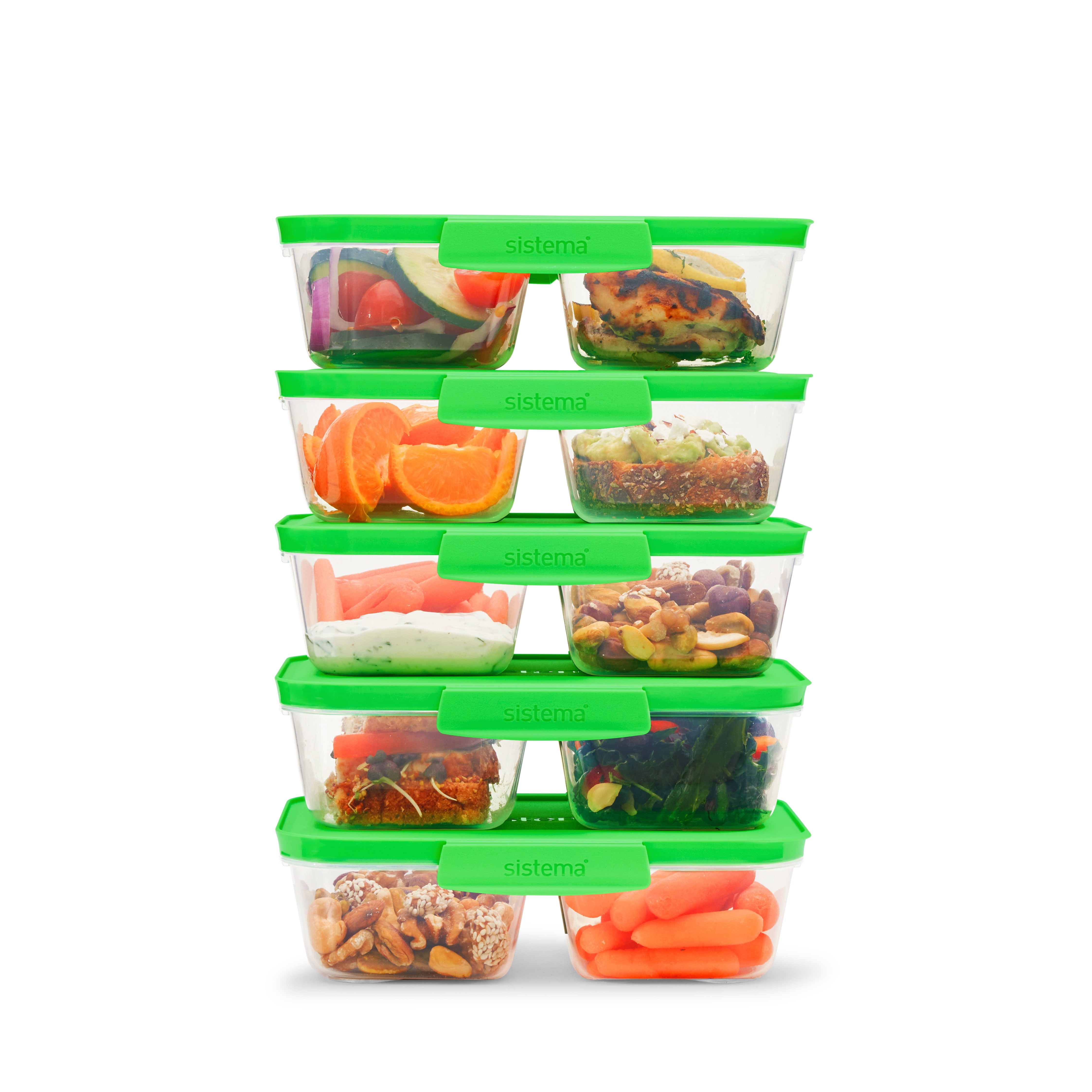 Sistema Nest It Meal Prep Containers, 870 mL, Green (Colour May Vary), 5 Pack, BPA-Free