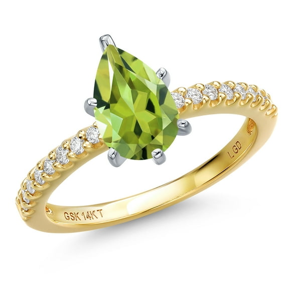 Gem Stone King 14K Two Tone Gold Green Peridot and Lab Grown Diamond Engagement Ring for Women | 1.46 Cttw | Pear Shape 9X6MM | Gemstone August Birthstone | Size 8