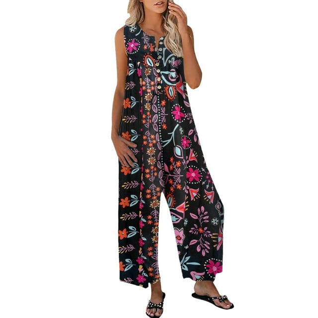 2DXuixsh Combinaison pour Femmes Mode Col Rond Imprimé Combinaisons Sans Manches Bouton Combinaison Pantalon Droit Poche Combinaisons Noir Taille P