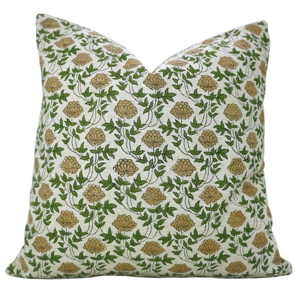 Fabdivine “Khoobsurat” Block Print Pillow Cover – Green & Brown Indian Floral Cushion in Linen Blend