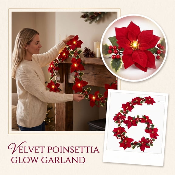 Christmas Poinsettia Garland with Light, 78.7 in Lighted Artificial Garlands with Red Flowers and Berries, Battery Operated Poinsettia String Lights, Light up for Xmas New Year Home Décor