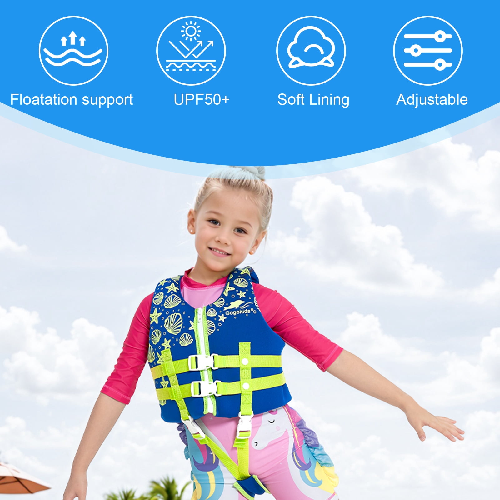 Gogokids Kids Swim Vest Life Jacket-Toddler Float Buoyancy Swimsuit Trainer Vests Swim Aid Jacket for Age 1-9 Years, Blue