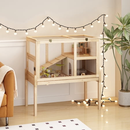 NARTRU 2-Story Natural Wooden Guinea Pig Cage for 2, Indoor Small Animal Habitat with Pull Out Tray, Ramp and Platform - Rabbit & Hamster House