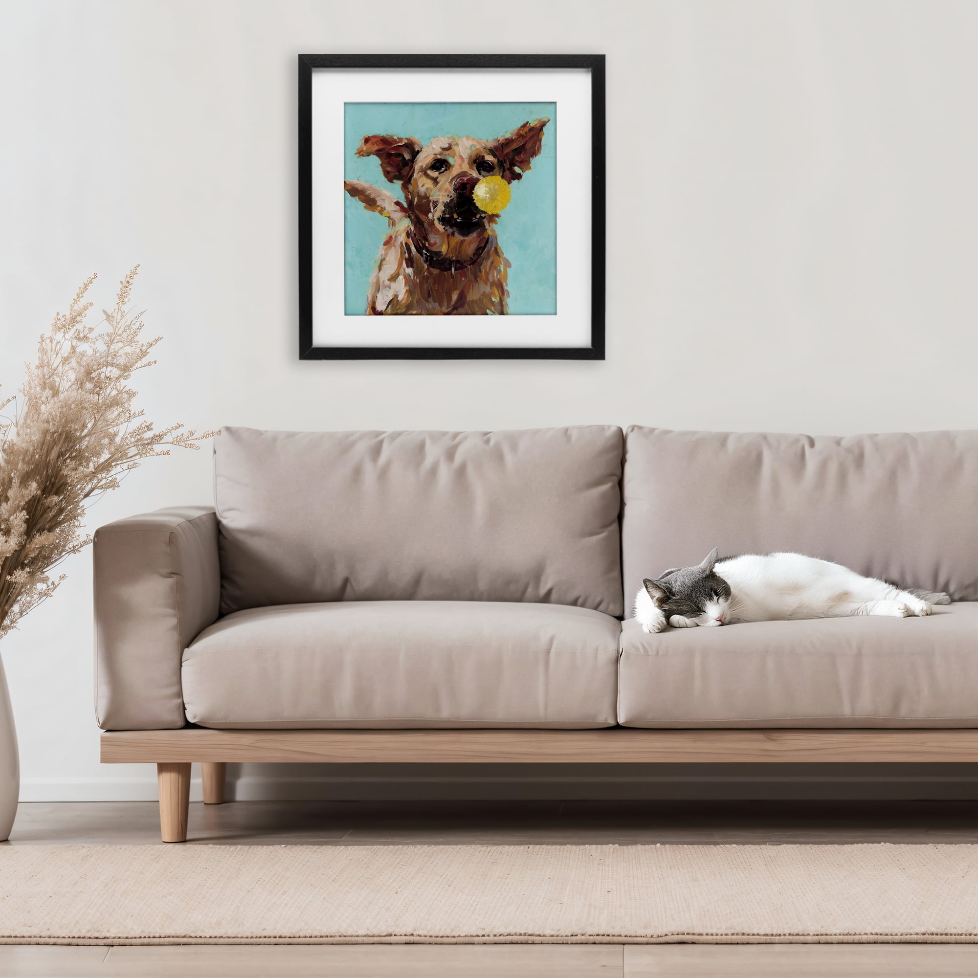 Dog Playing with Ball Black Framed Print Under Glass, design by Studio Bautista