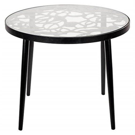 LeisureMod End Table in Aluminum with Tempered Glass Top and Floral Cutout Design Painted Finish Indoor and Outdoor Use for Modern Home, Patio, Backyard, Living Room Devon Collection in Black