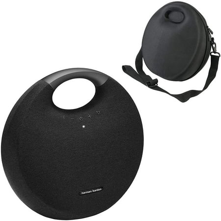 harman kardon onyx studio 6 wireless bluetooth speaker - ipx7 waterproof extra bass sound system with rechargeable battery, built-in microphone, hard travel case bag included - black