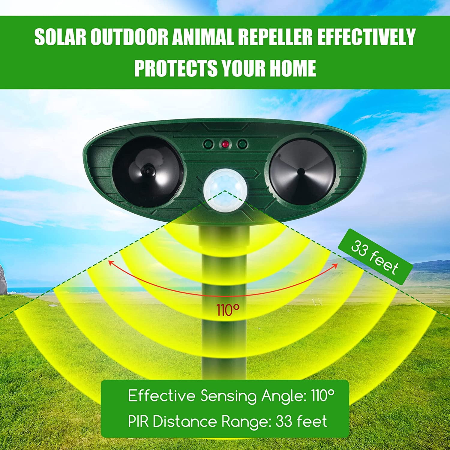 Paddsun 2 Pack Solar Animal Repeller Ultrasonic Animal Repellent Outdoor with Motion Sensor Flashing Light Waterproof Animal Deterrent for Garden Yard