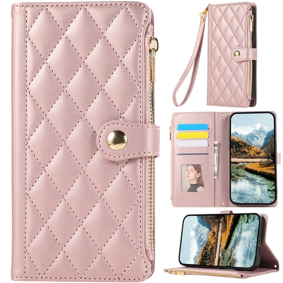 for iPhone 17 Leather Phone Case Wallet Zipper Purse Lady Classic Diamond Quilted Folio Flip Cover Kickstand, Card Holder Cash Slot, Magnetic Closure, Hand Wrist Strap