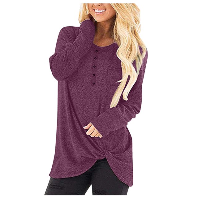 Pompotops T-Shirt Décontracté à Col Rond pour Femmes Manches Longues Ample Blouse Unie