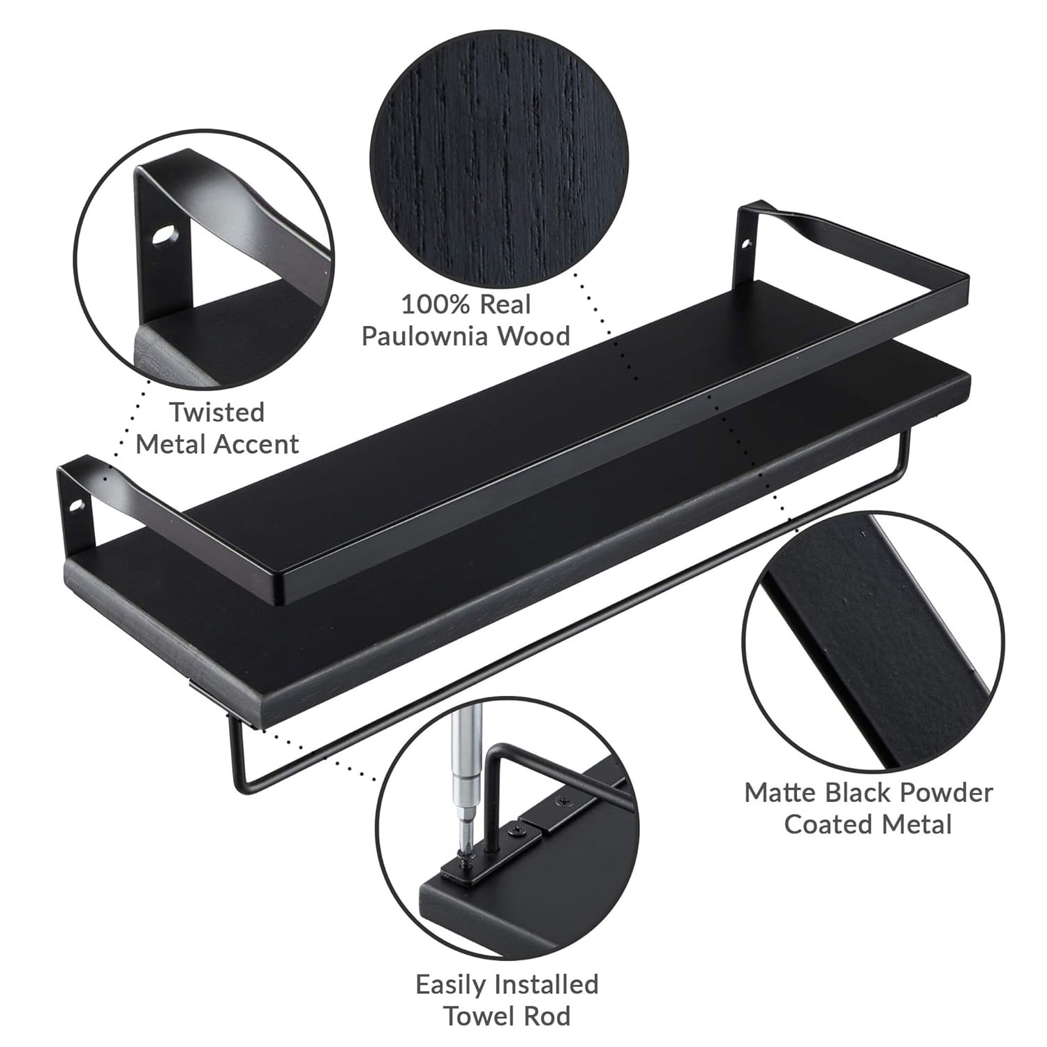 16" Black Wall-Mounted Floating Shelves W/Rack & Towel Bar, Home Decor 2-Tier Wood Storage Shelf for Livingroom Kitchen Bedroom, Bathroom Shelves Over The Toilet