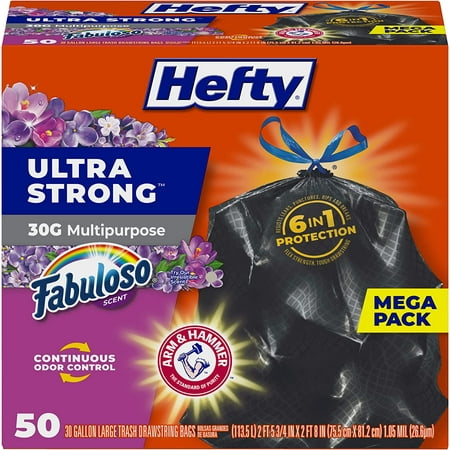 Hefty Ultra Strong Multipurpose Large Trash Bags, Black, Fabuloso Scent, 30 Gallon, 50 Count