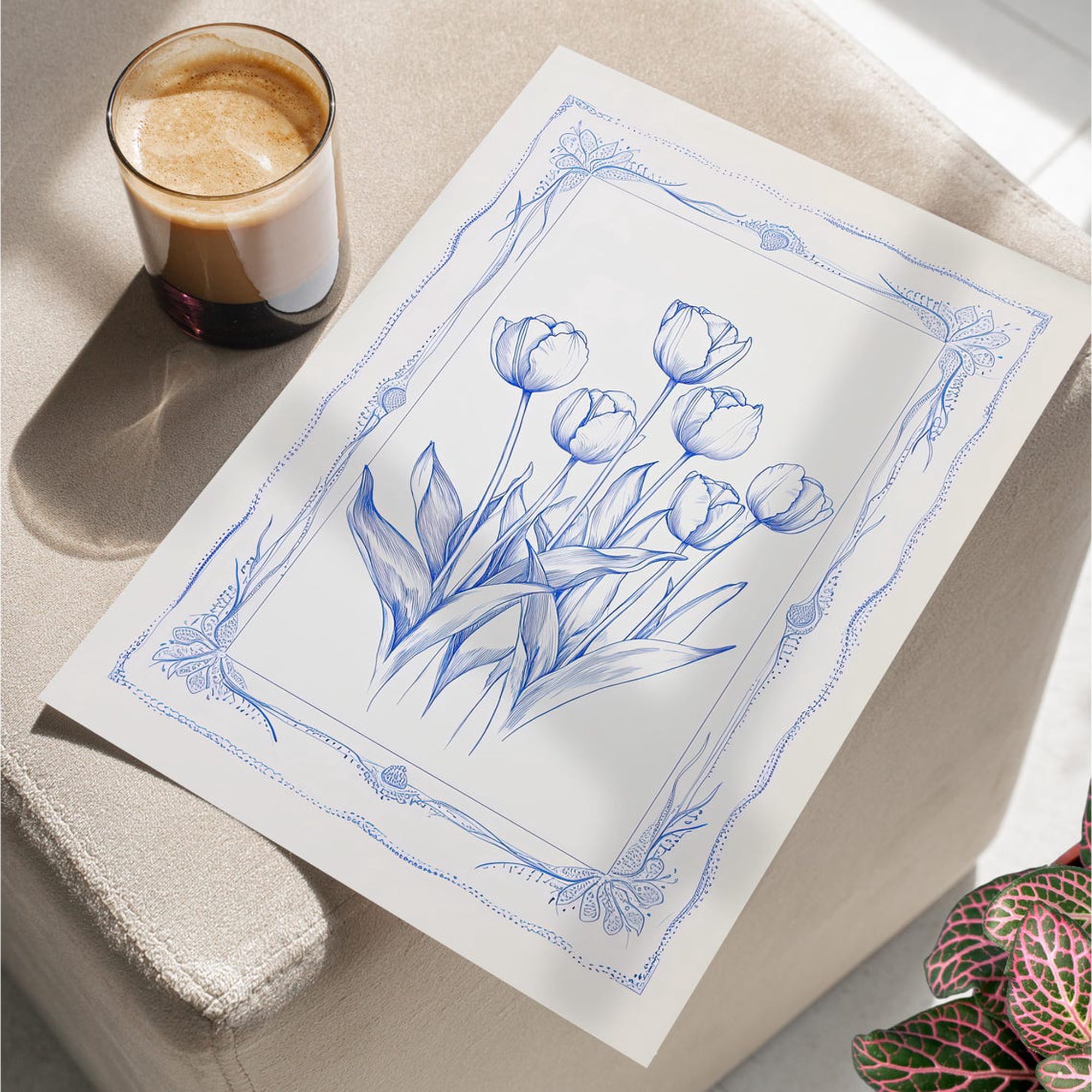 Vintage Blue Tulips Line Poster Minimalist Flowers Botanical Modern Bouquet Floral Botanical Bedroom And Living Room Decor