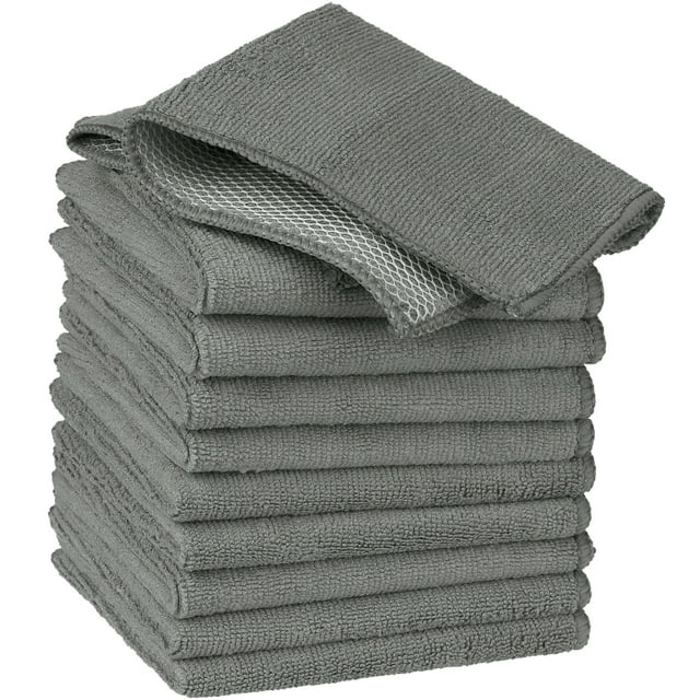 gris 12" x 12" Juego de 10 toallas absorbentes de microfibra gris apiladas, vista frontal en 3/4; cada paño cuadrado muestra una cara de microfibra y otra de malla con textura de rizo visible, secado rápido y aptas para usar húmedas o secas en cocina, baño, vidrio y detallado automotriz.