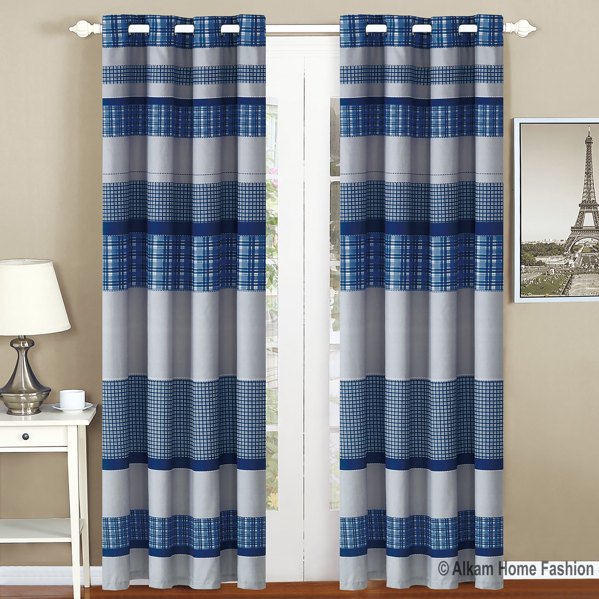 All American Collection Blue and Grey Modern Plaid 4-Piece Curtain Set ...