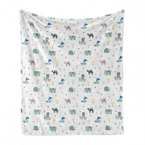 Tropical Soft Flannel Fleece Throw Blanket, Exotic Animals Camel Whale Palm Trees Octopus Cartoon, Cozy Plush for Indoor and Outdoor Use, 50" x 60", Multicolor, by Ambesonne