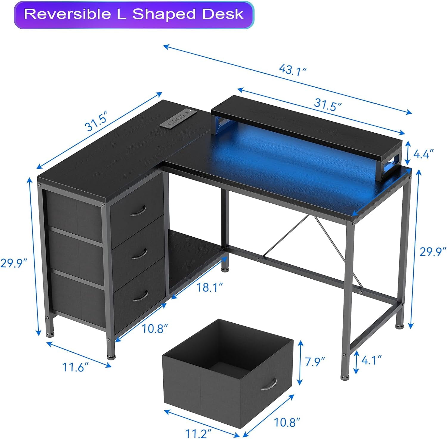 43 Inch Computer Desk, L Shaped Desk with Power Outlets and Led Lights, 3-Drawer Gaming Desk with Storage Shelves and Monitor Stand, Reversible Home Office Desk for Study, Working, Black Willow