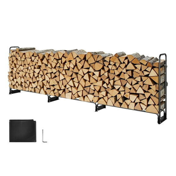 KFFKFF Outdoor Firewood Rack with Waterproof Cover, 150 x 14 x 46 in, 660lb Capacity, Half-Covered Log Holder, Powder-Coated Wood Storage for Fireplace or Deck