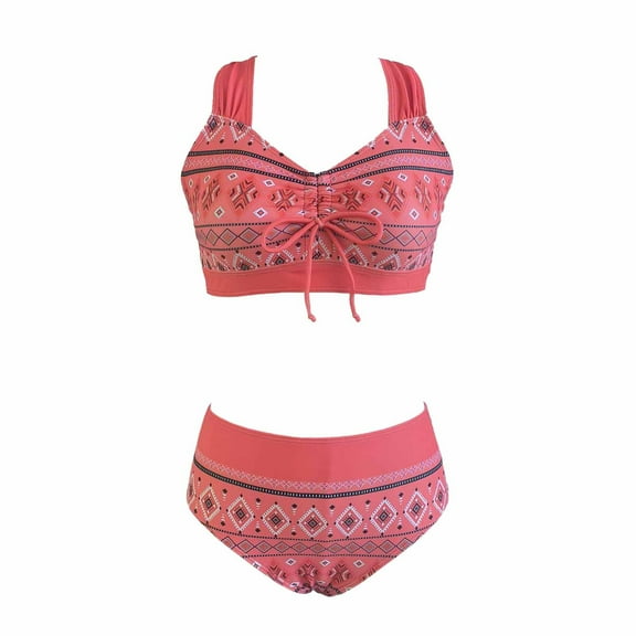Wycnly Swimsuits for Women Bikini Sets for Women Womens Bathing Suit Two Piece Swimsuits Vintage Ethnic Style Print High Waist Tie Front Bikini Ladies Summer Beach Party Swimwear